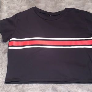 Navy blue shirt with white and red stripes